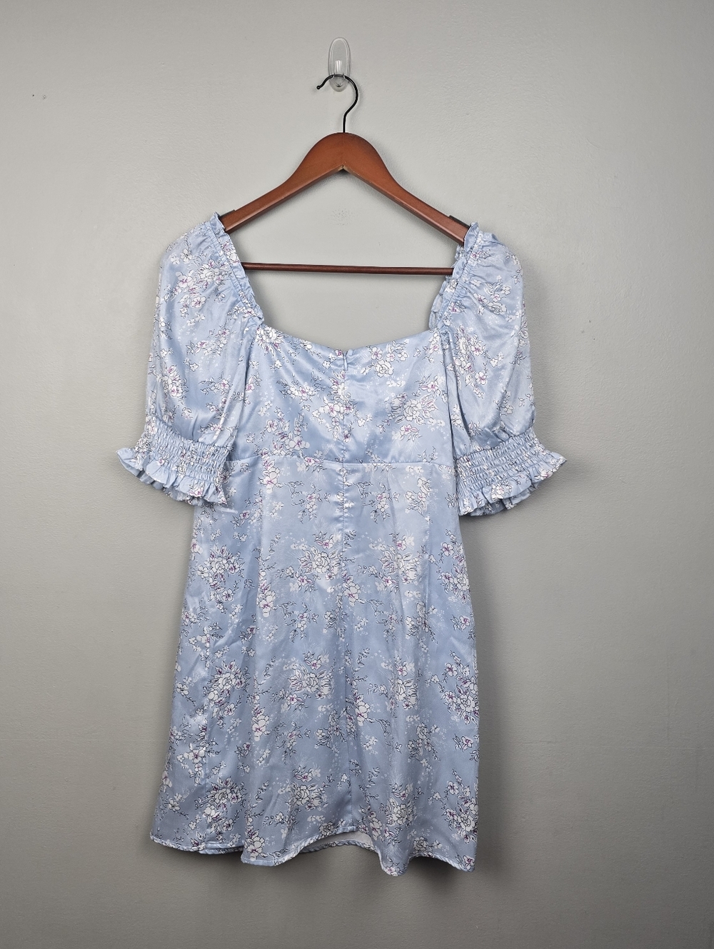 What a Sweetheart Blue Floral Print Satin Puff Sleeve Mini Dress Womens Size S - Picture 5 of 11